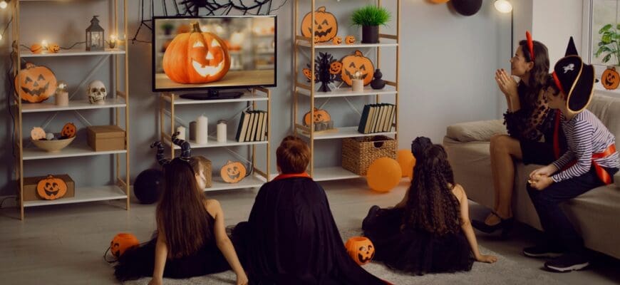 Kids,In,Spooky,Costumes,Of,Witches,,Monsters,And,Pirates,Watching